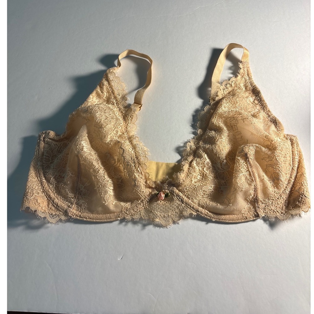 Floral Eyelash Lace Underwire Bra Beige Nude Rosebud Adjustable Straps- 34DD